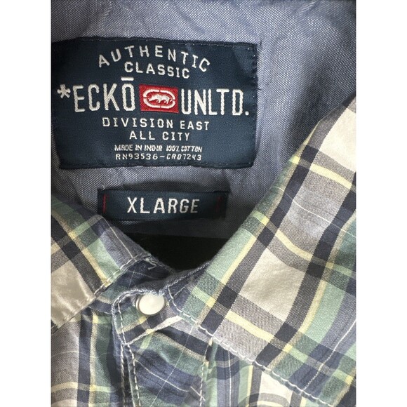 Ecko Unltd Mens XL Blue Plaid Short Sleeve Pearl‎ Snap Western Button Up Patches - Picture 8 of 14